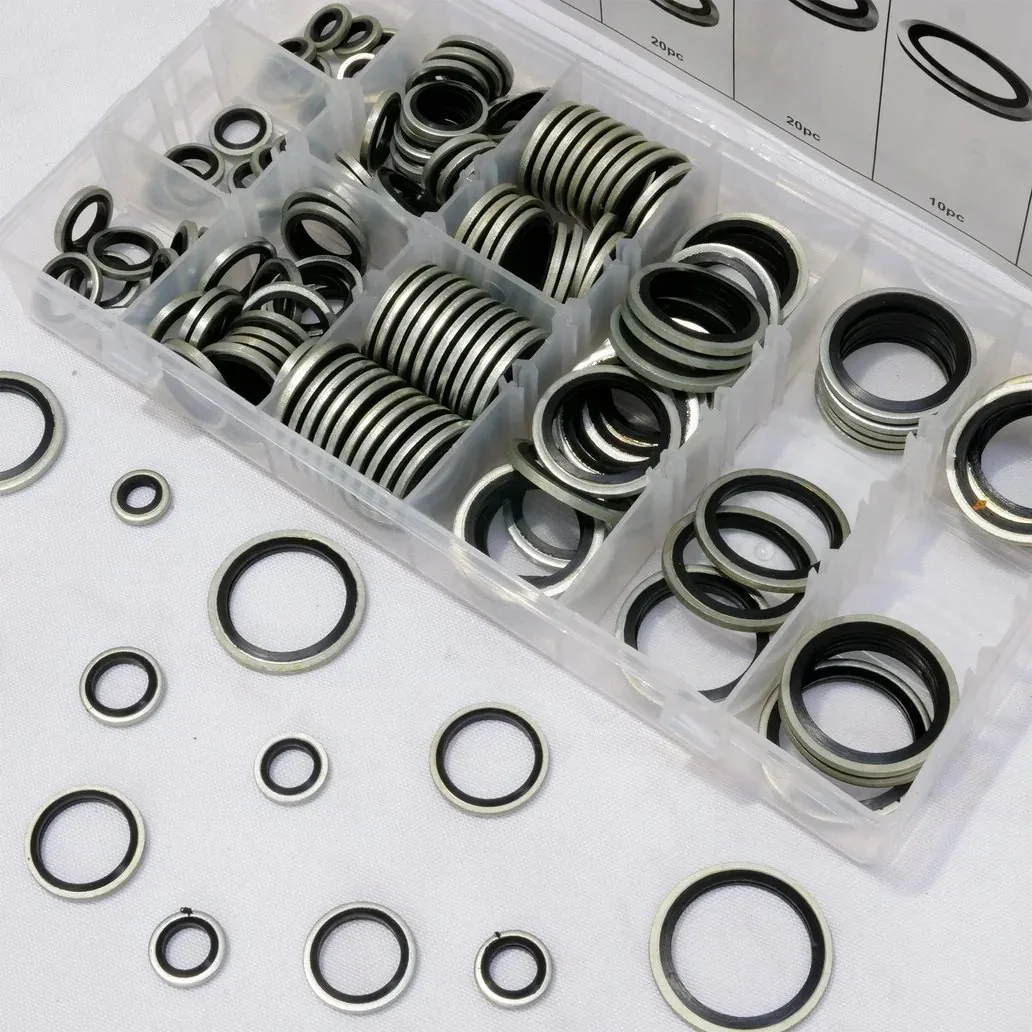 Bonded seal assortment — metal-backed elastomer sealing washers in BSP and metric sizes across the full dimensional range