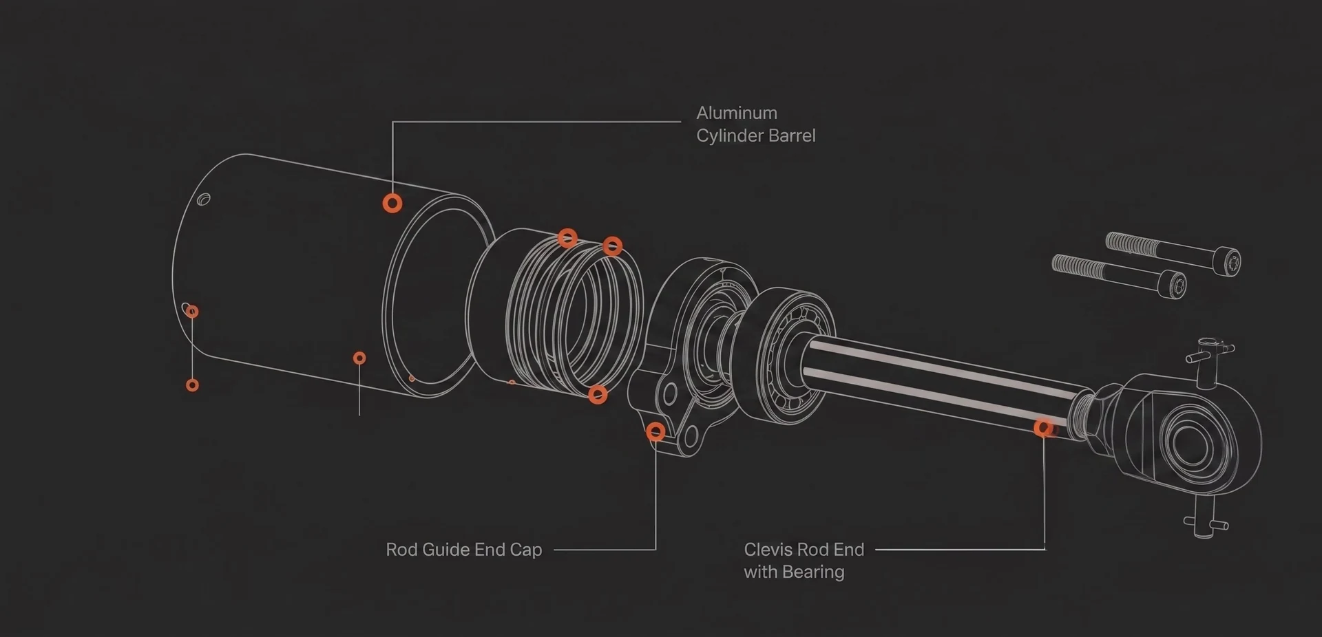 Hydraulic cylinder exploded view — rod seal, piston seal, guide ring, wiper and O-ring positions