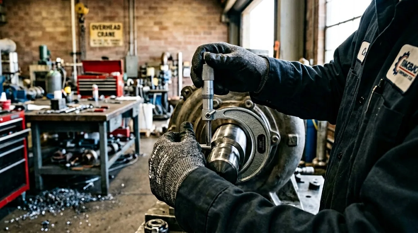 Technician measuring a component bore with precision gauge in the Santoo workshop