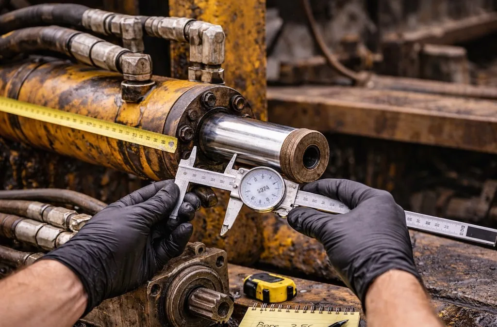 Technician measuring hydraulic cylinder rod diameter with dial callipers