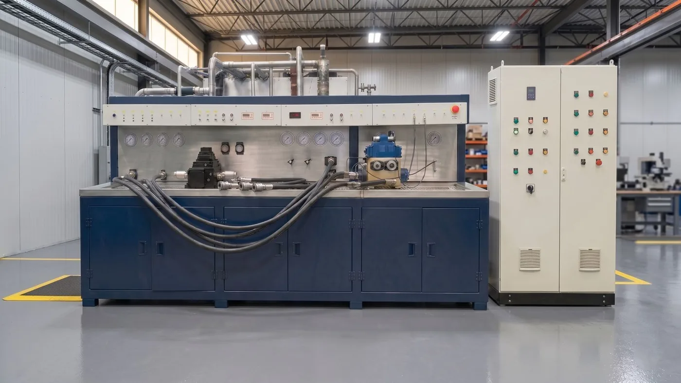 Hydraulic pump and motor test bench with instrumentation panel and control cabinet